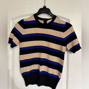 ZARA Women’s Crewneck Short-Sleeve Sweater – Black, Blue, and Tan Stripes